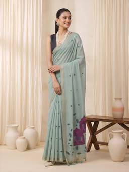 Sareemall - Women's Pure Cotton Teal blue Woven Design Saree