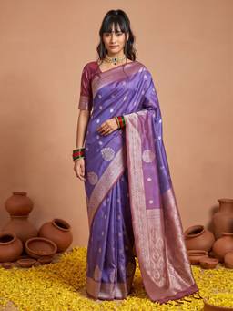 Sareemall - Women's Cotton Blend Purple Woven Design Saree