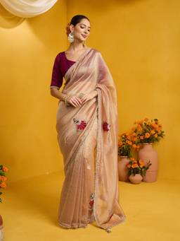 Sareemall - Women's Tissue Beige Embellished Saree