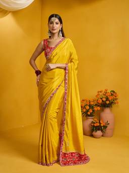Sareemall - Women's Silk Blend Yellow Embellished Saree