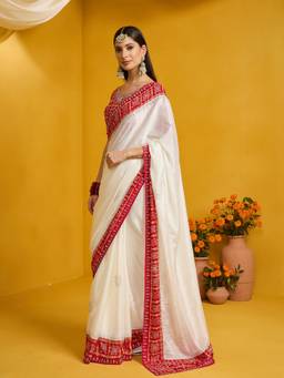 Sareemall - Women's Silk Blend White Embellished Saree