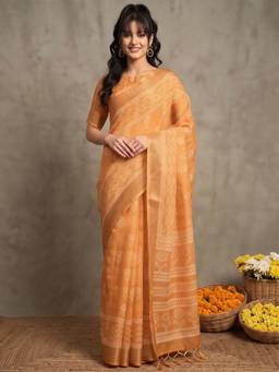 Akhilam - Women'S Linen Orange Printed Saree