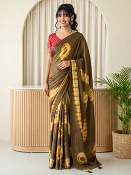 Akhilam - Brown Satin Printed Saree