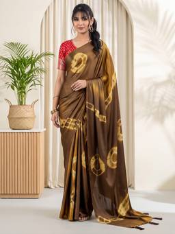 Akhilam - Brown Satin Printed Saree
