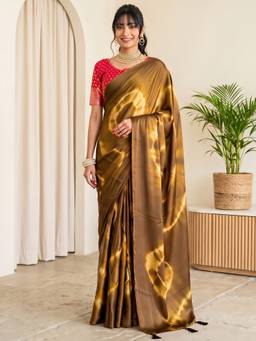 Akhilam - Brown Satin Printed Saree