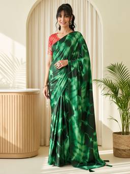 Akhilam - Green Satin Printed Saree