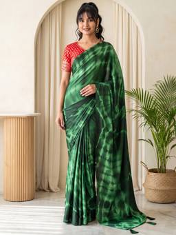 Akhilam - Green Satin Printed Saree