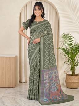 Akhilam - Olive Linen Blend Printed Saree