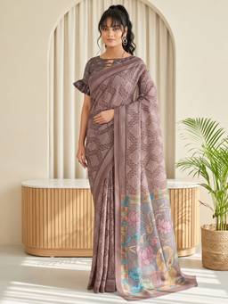 Akhilam - Brown Linen Blend Printed Saree