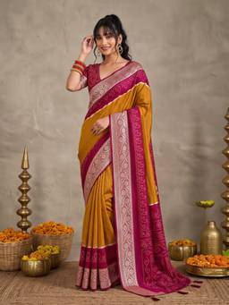 Sareemall - Women's Tussar Silk Mustard Printed Saree