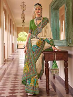 Akhilam - Women'S Silk Blend Beige Printed Festive Saree