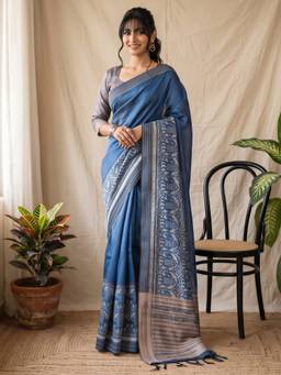 Akhilam - Blue Cotton Silk Woven Saree
