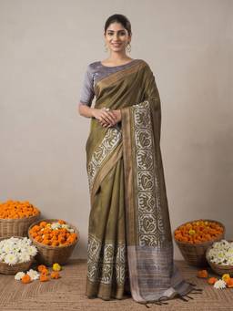 Akhilam - Women'S Silk Cotton Olive Woven Saree
