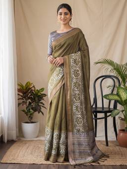 Akhilam - Olive Cotton Silk Woven Saree