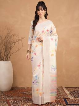 Akhilam - Off White Cotton Silk Printed Saree