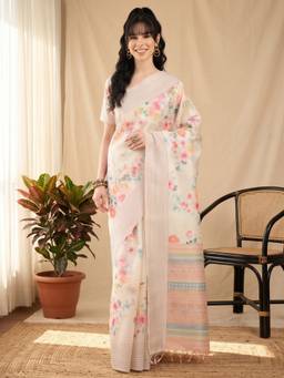Akhilam - Off White Cotton Silk Printed Saree