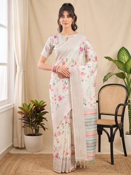 Akhilam - Off White Cotton Silk Printed Saree