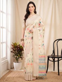 Akhilam - Off White Cotton Silk Printed Saree
