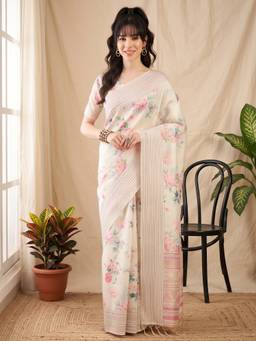 Akhilam - Off White Cotton Silk Printed Saree