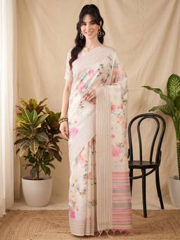 Akhilam - Off White Cotton Silk Printed Saree