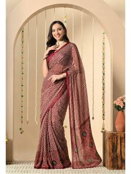 THE WEAVERS SHOP BY RAAVI - Women's Georgette Stripes Maroon Saree