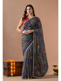 THE WEAVERS SHOP BY RAAVI - Women's Georgette Printed Blue Saree