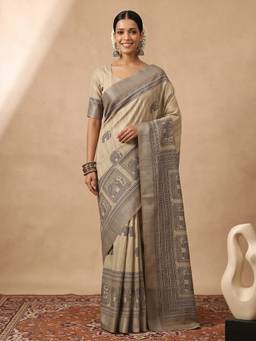 Akhilam - Women'S Satin Silk Beige Digital Print Saree