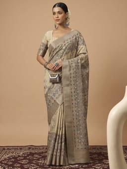Akhilam - Women'S Satin Silk Beige Digital Print Saree