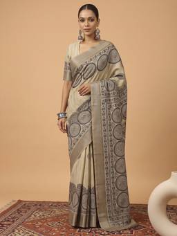 Akhilam - Women'S Satin Silk Beige Digital Print Saree