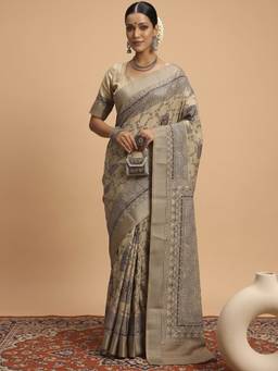 Akhilam - Women'S Satin Silk Beige Digital Print Saree