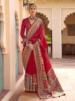 Akhilam - Women'S Silk Blend Red Printed Festive Saree