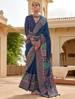 Akhilam - Women'S Silk Blend Blue Printed Festive Saree