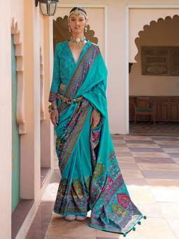Akhilam - Women'S Silk Blend Turquoise Printed Festive Saree