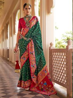 Akhilam - Women'S Silk Blend Green Printed Festive Saree