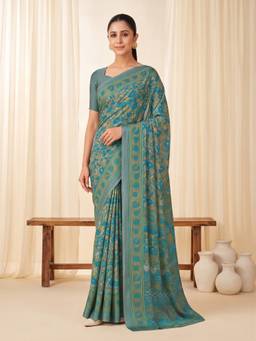 Sareemall - Women's Crepe Blue Printed Saree