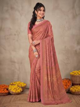 Sareemall - Women's Crepe Peach Printed Saree