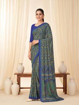 Sareemall - Women's Crepe Navy Blue Printed Saree