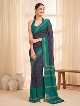 Sareemall - Women's Crepe Navy Blue Printed Saree