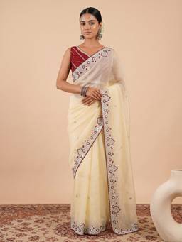 Akhilam - Women'S Tissue Off White Zari Embroidered Heavy Work Saree