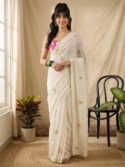 Akhilam - Women'S Vichitra Silk Off White Embellished Saree