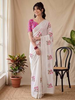 Akhilam - Women'S Vichitra Silk White Embellished Saree