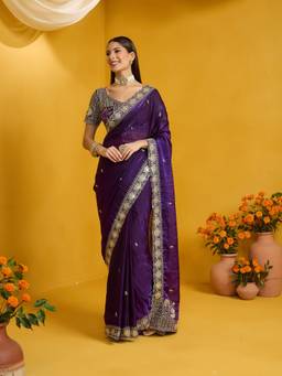 Sareemall - Women's Satin Silk Purple Embellished Saree