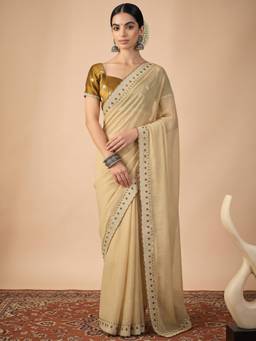 Akhilam - Women'S Satin Beige Zari Embroidered Saree