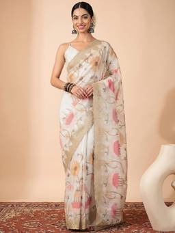 Akhilam - Women'S Tissue Off White Embellished Saree