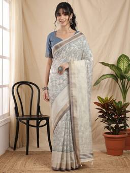 Akhilam - Off White Cotton Silk Printed Saree