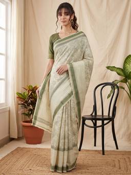 Akhilam - Off White Cotton Silk Printed Saree