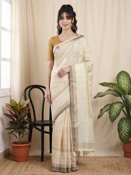 Akhilam - Off White Cotton Silk Printed Saree
