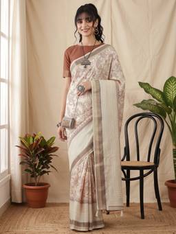 Akhilam - Off White Cotton Silk Printed Saree