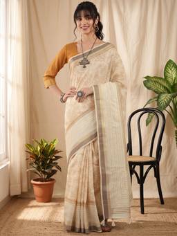 Akhilam - Off White Cotton Silk Printed Saree