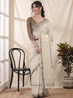 Akhilam - Off White Cotton Silk Printed Saree